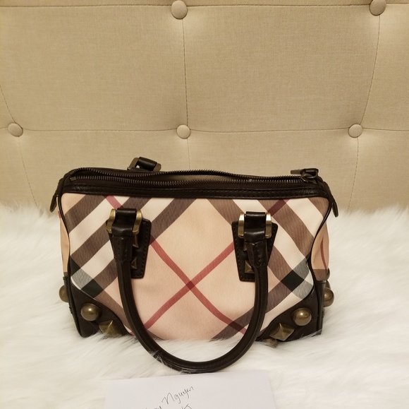 Burberry Handbags - BURBERRY Beige Nova Check Brown Stud Top Handlehii